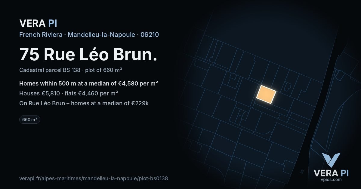 75 Rue Léo Brun, Mandelieu-la-Napoule at night – the plot lit, the parcels around coloured by the prices near them