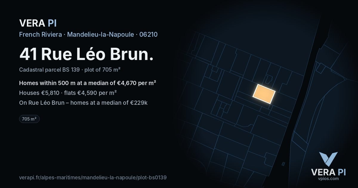 41 Rue Léo Brun, Mandelieu-la-Napoule at night – the plot lit, the parcels around coloured by the prices near them