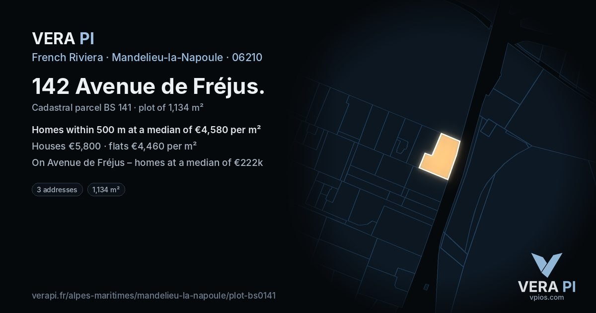 142 Avenue de Fréjus, Mandelieu-la-Napoule at night – the plot lit, the parcels around coloured by the prices near them