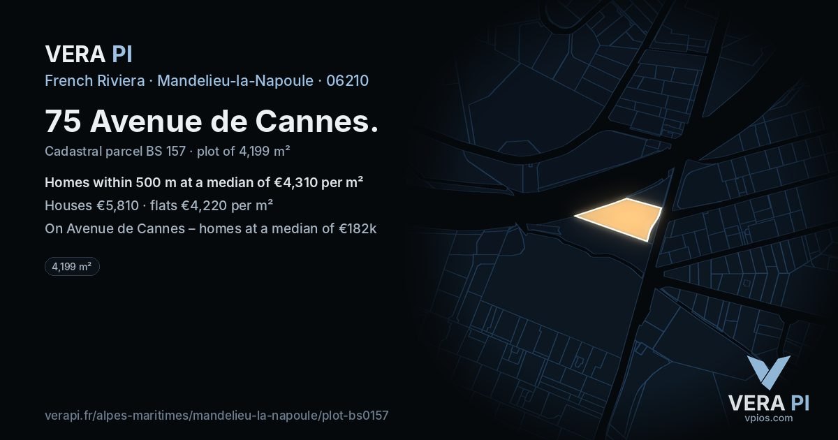 75 Avenue de Cannes, Mandelieu-la-Napoule at night – the plot lit, the parcels around coloured by the prices near them