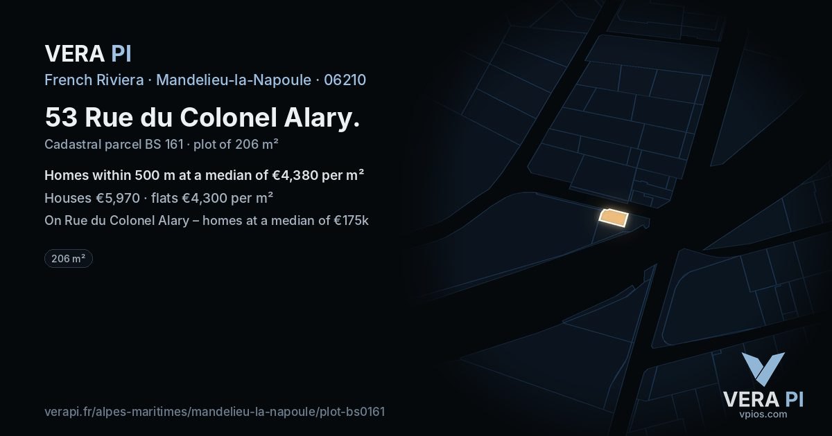 53 Rue du Colonel Alary, Mandelieu-la-Napoule at night – the plot lit, the parcels around coloured by the prices near them