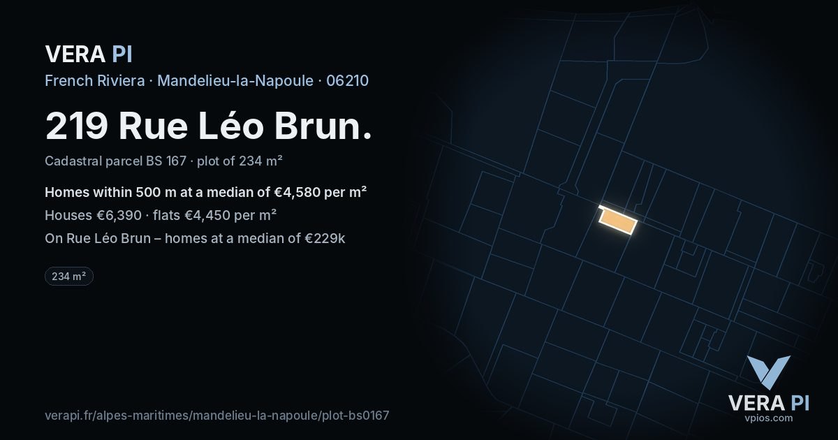 219 Rue Léo Brun, Mandelieu-la-Napoule at night – the plot lit, the parcels around coloured by the prices near them