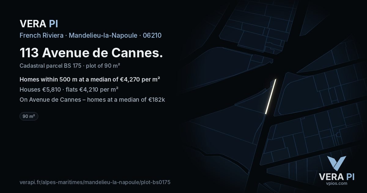 113 Avenue de Cannes, Mandelieu-la-Napoule at night – the plot lit, the parcels around coloured by the prices near them