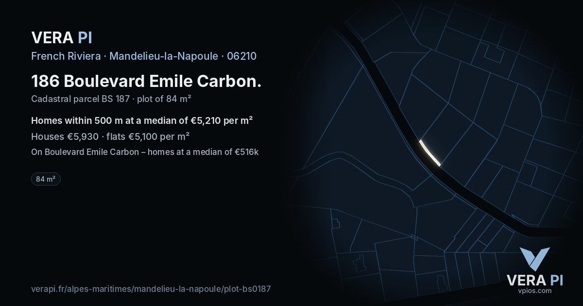 186 Boulevard Emile Carbon, Mandelieu-la-Napoule at night – the plot lit, the parcels around coloured by the prices near them