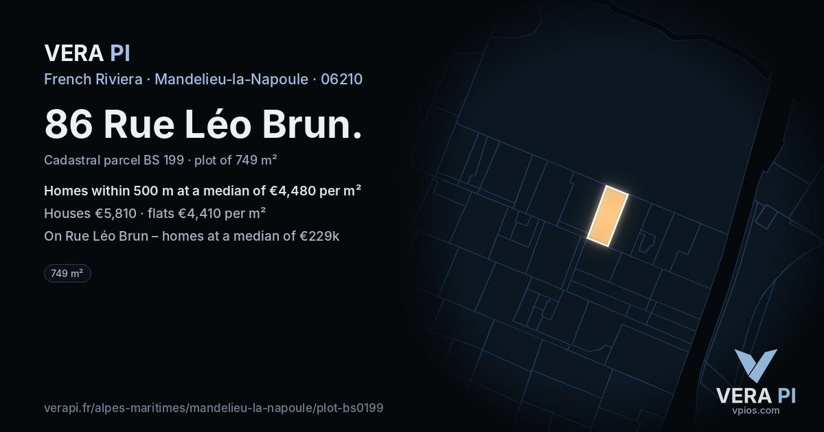 86 Rue Léo Brun, Mandelieu-la-Napoule at night – the plot lit, the parcels around coloured by the prices near them