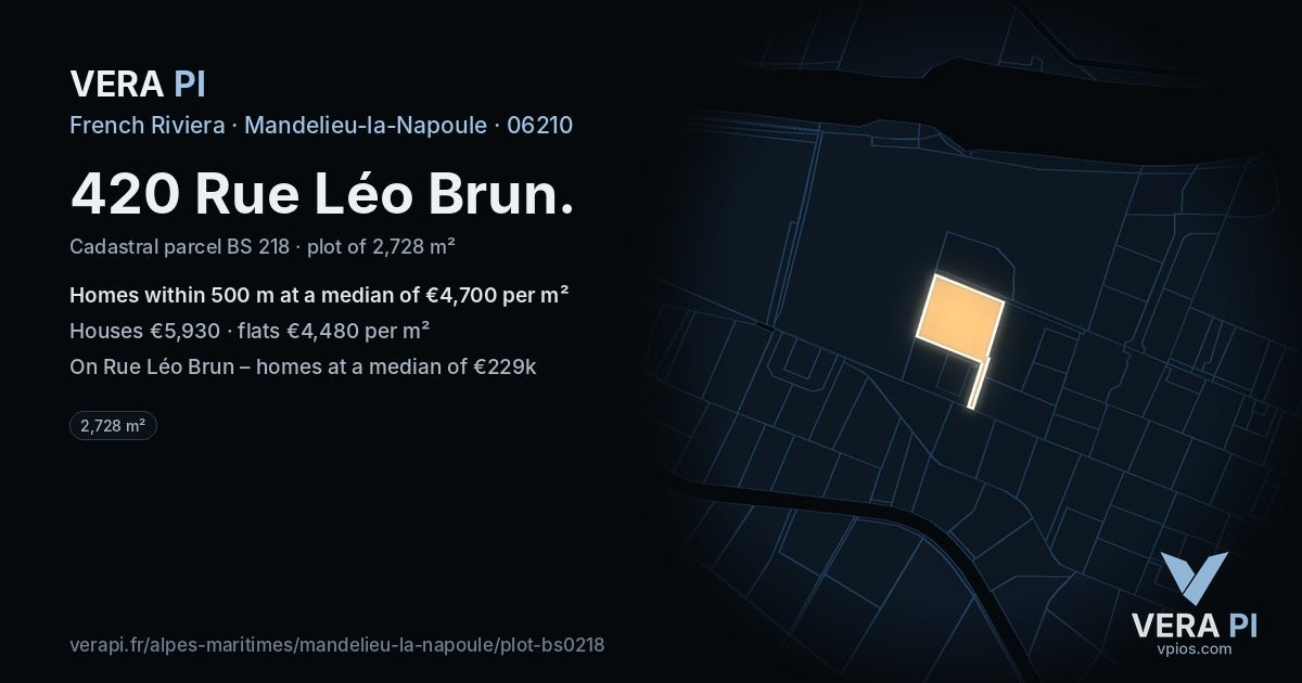 420 Rue Léo Brun, Mandelieu-la-Napoule at night – the plot lit, the parcels around coloured by the prices near them