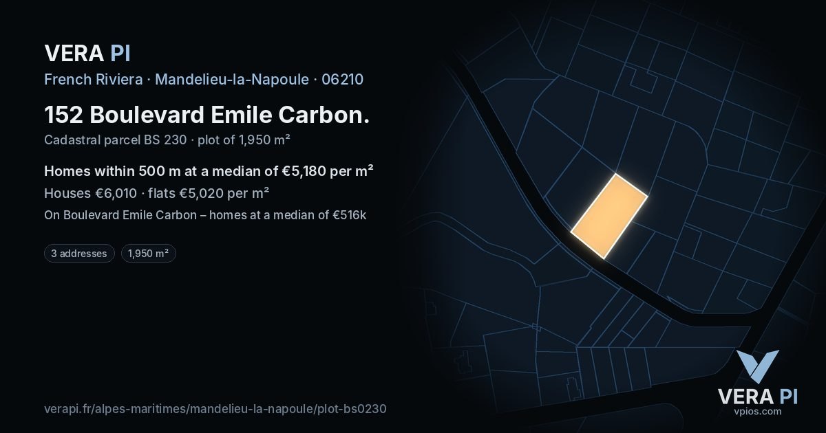 152 Boulevard Emile Carbon, Mandelieu-la-Napoule at night – the plot lit, the parcels around coloured by the prices near them