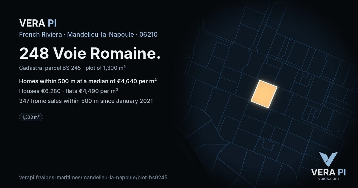 248 Voie Romaine, Mandelieu-la-Napoule at night – the plot lit, the parcels around coloured by the prices near them