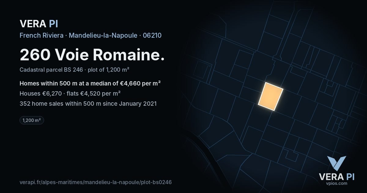 260 Voie Romaine, Mandelieu-la-Napoule at night – the plot lit, the parcels around coloured by the prices near them