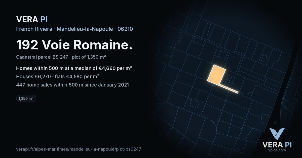 192 Voie Romaine, Mandelieu-la-Napoule at night – the plot lit, the parcels around coloured by the prices near them