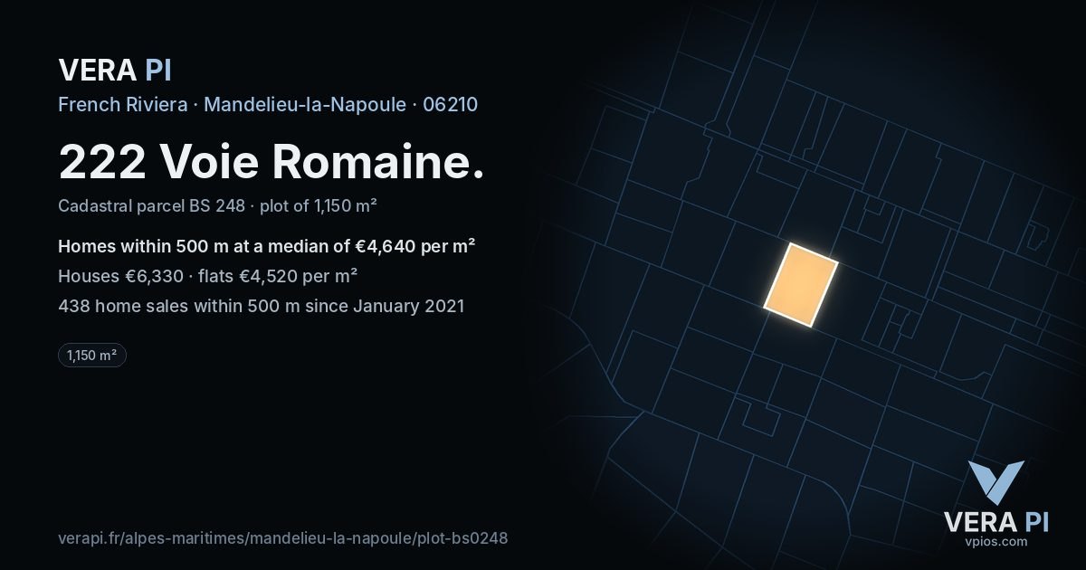 222 Voie Romaine, Mandelieu-la-Napoule at night – the plot lit, the parcels around coloured by the prices near them