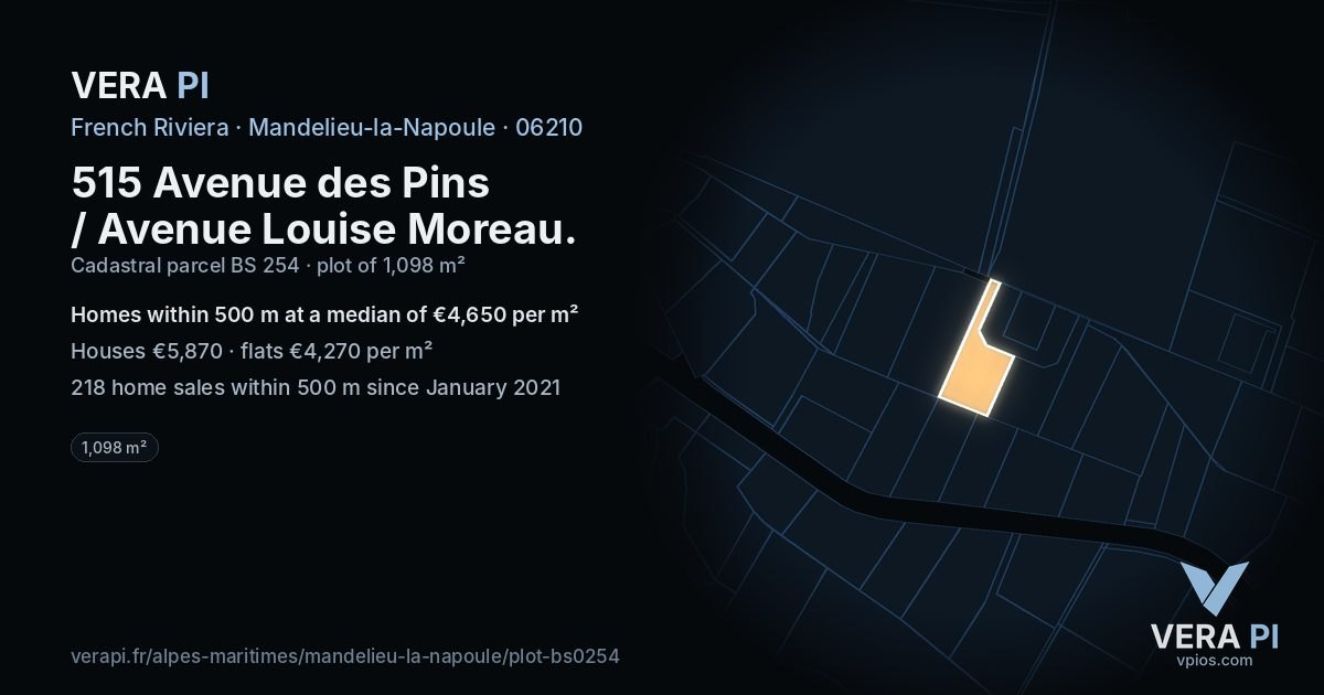 515 Avenue des Pins / Avenue Louise Moreau, Mandelieu-la-Napoule at night – the plot lit, the parcels around coloured by the prices near them