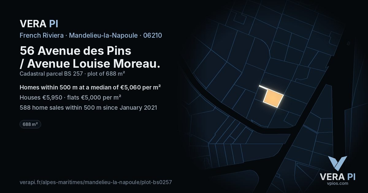 56 Avenue des Pins / Avenue Louise Moreau, Mandelieu-la-Napoule at night – the plot lit, the parcels around coloured by the prices near them