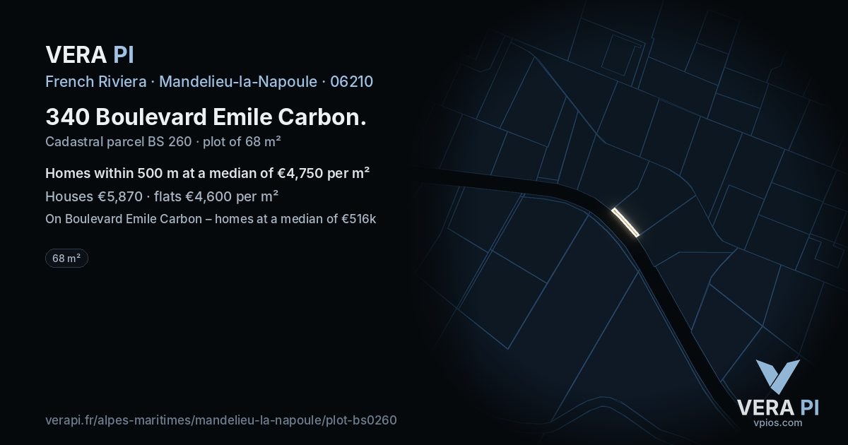 340 Boulevard Emile Carbon, Mandelieu-la-Napoule at night – the plot lit, the parcels around coloured by the prices near them