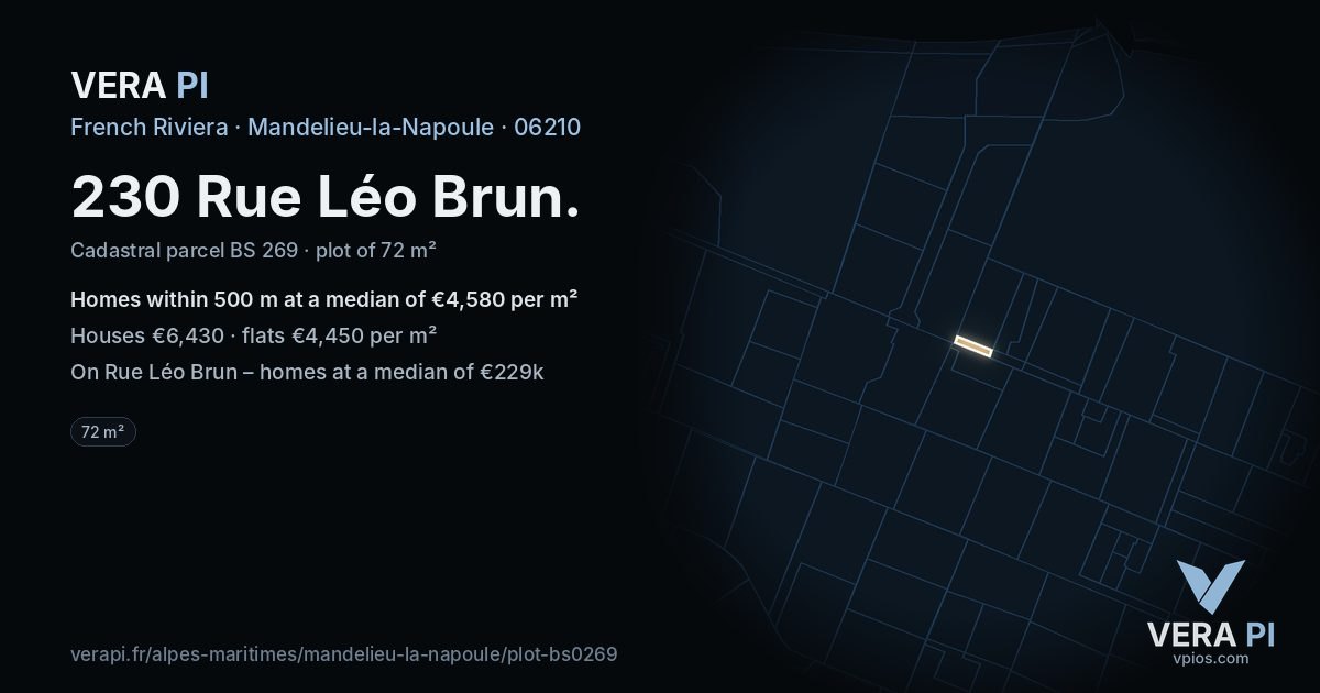 230 Rue Léo Brun, Mandelieu-la-Napoule at night – the plot lit, the parcels around coloured by the prices near them