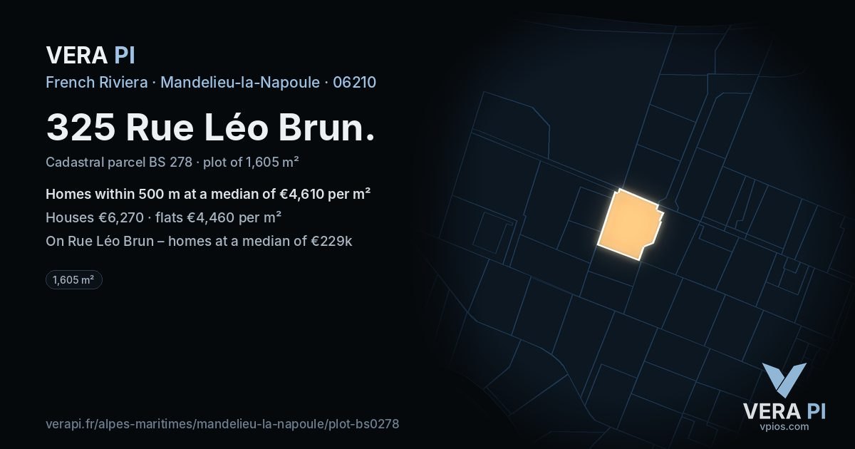 325 Rue Léo Brun, Mandelieu-la-Napoule at night – the plot lit, the parcels around coloured by the prices near them