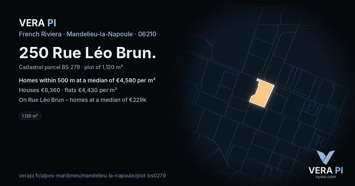 250 Rue Léo Brun, Mandelieu-la-Napoule at night – the plot lit, the parcels around coloured by the prices near them