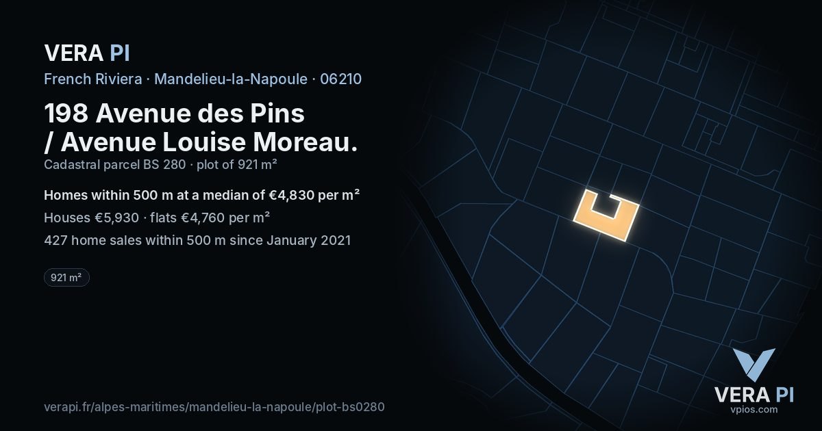 198 Avenue des Pins / Avenue Louise Moreau, Mandelieu-la-Napoule at night – the plot lit, the parcels around coloured by the prices near them