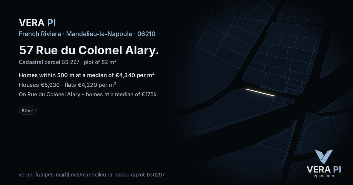 57 Rue du Colonel Alary, Mandelieu-la-Napoule at night – the plot lit, the parcels around coloured by the prices near them