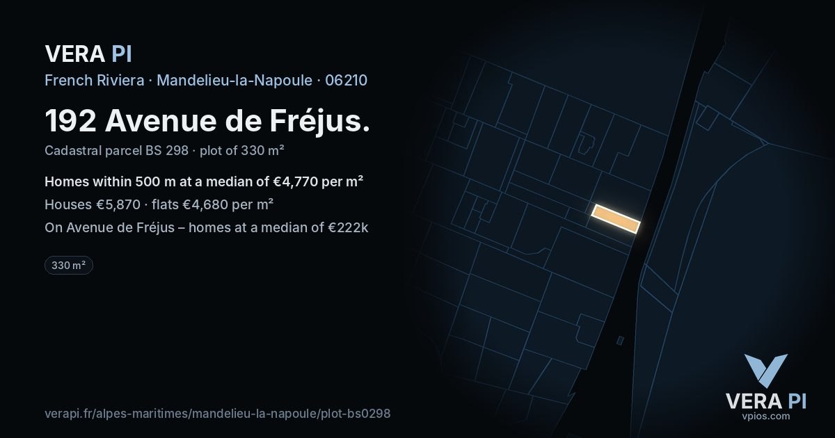 192 Avenue de Fréjus, Mandelieu-la-Napoule at night – the plot lit, the parcels around coloured by the prices near them