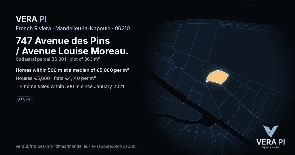 747 Avenue des Pins / Avenue Louise Moreau, Mandelieu-la-Napoule at night – the plot lit, the parcels around coloured by the prices near them