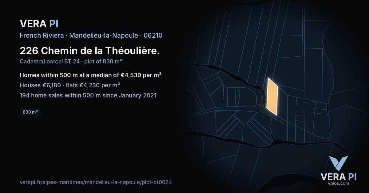 226 Chemin de la Théoulière, Mandelieu-la-Napoule at night – the plot lit, the parcels around coloured by the prices near them