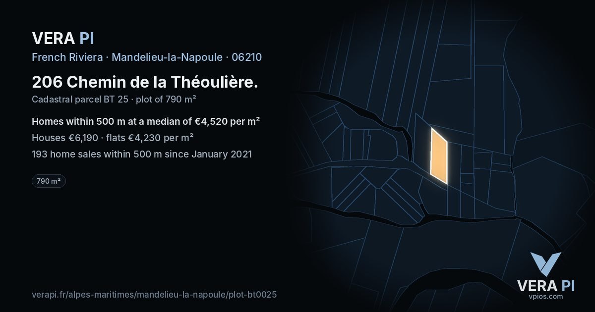 206 Chemin de la Théoulière, Mandelieu-la-Napoule at night – the plot lit, the parcels around coloured by the prices near them