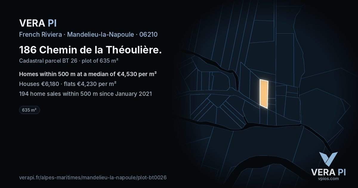186 Chemin de la Théoulière, Mandelieu-la-Napoule at night – the plot lit, the parcels around coloured by the prices near them