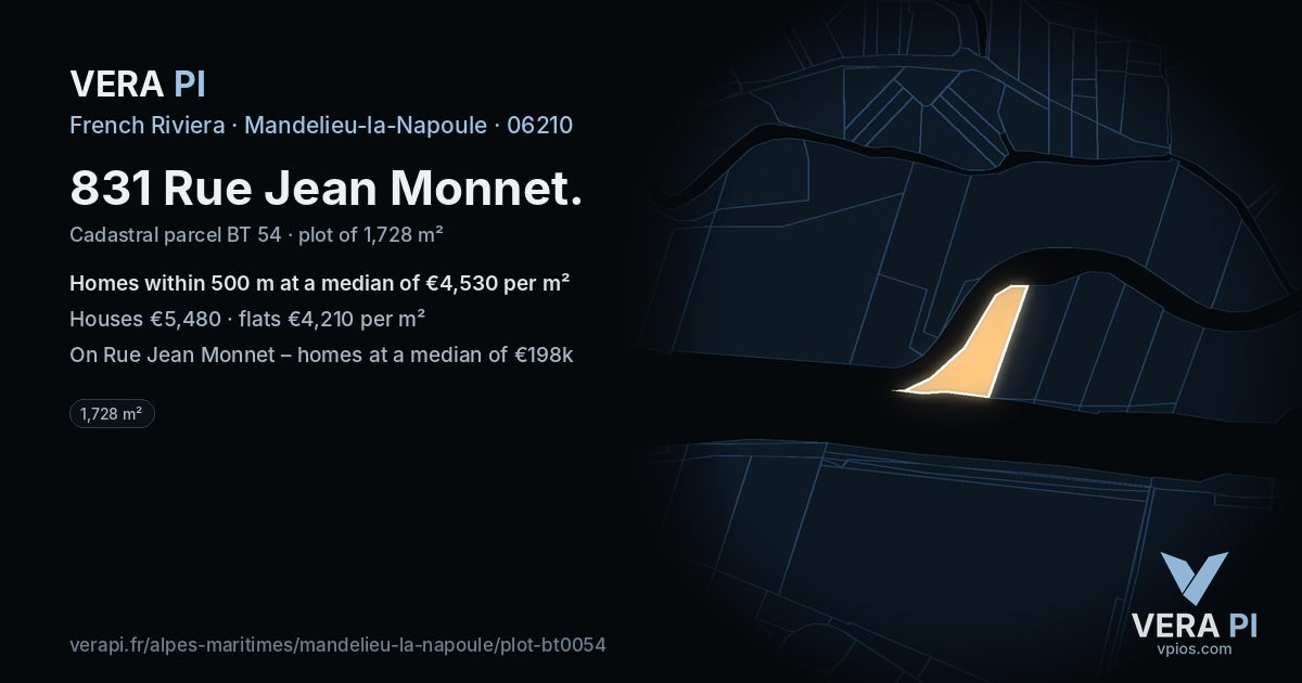 831 Rue Jean Monnet, Mandelieu-la-Napoule at night – the plot lit, the parcels around coloured by the prices near them