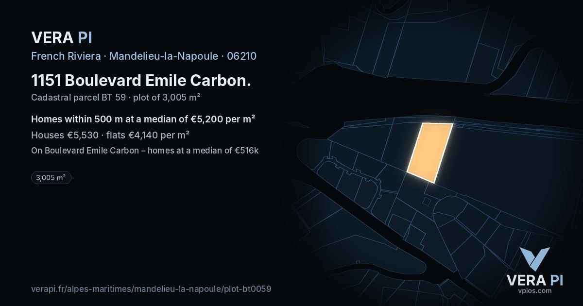 1151 Boulevard Emile Carbon, Mandelieu-la-Napoule at night – the plot lit, the parcels around coloured by the prices near them
