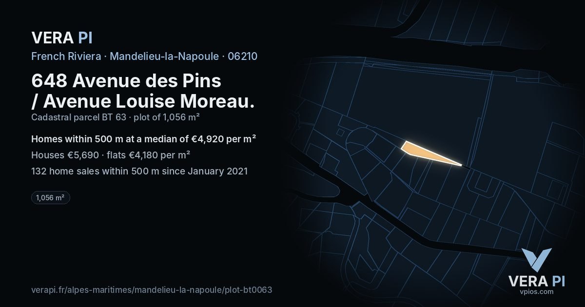 648 Avenue des Pins / Avenue Louise Moreau, Mandelieu-la-Napoule at night – the plot lit, the parcels around coloured by the prices near them