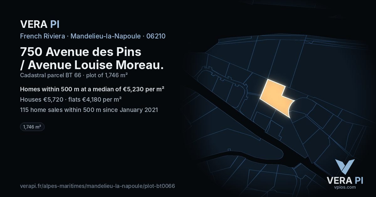 750 Avenue des Pins / Avenue Louise Moreau, Mandelieu-la-Napoule at night – the plot lit, the parcels around coloured by the prices near them