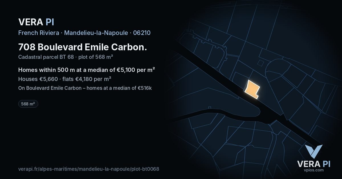 708 Boulevard Emile Carbon, Mandelieu-la-Napoule at night – the plot lit, the parcels around coloured by the prices near them
