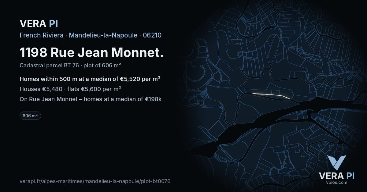 1198 Rue Jean Monnet, Mandelieu-la-Napoule at night – the plot lit, the parcels around coloured by the prices near them