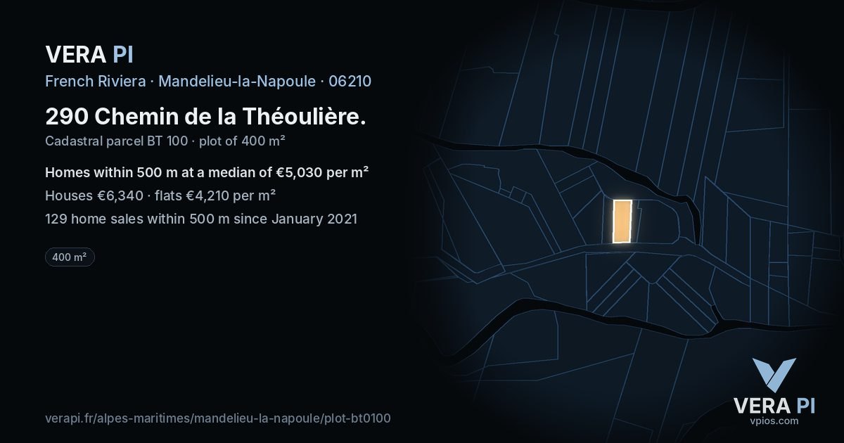 290 Chemin de la Théoulière, Mandelieu-la-Napoule at night – the plot lit, the parcels around coloured by the prices near them