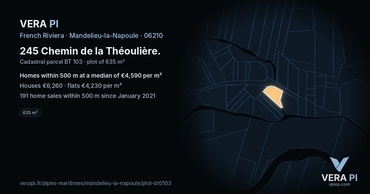 245 Chemin de la Théoulière, Mandelieu-la-Napoule at night – the plot lit, the parcels around coloured by the prices near them