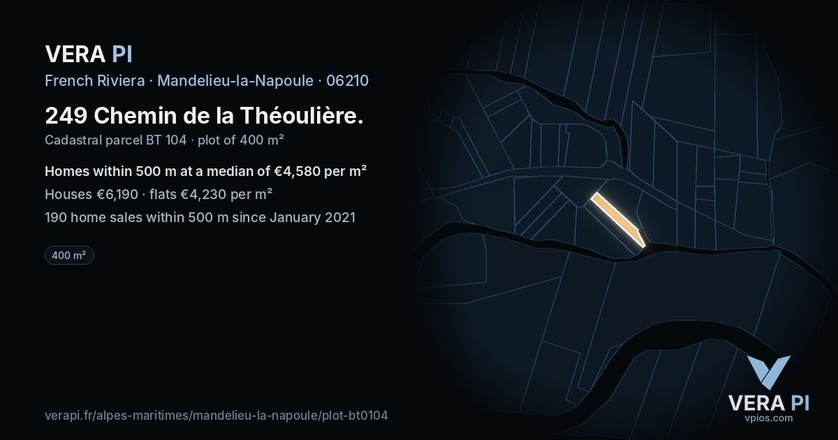 249 Chemin de la Théoulière, Mandelieu-la-Napoule at night – the plot lit, the parcels around coloured by the prices near them