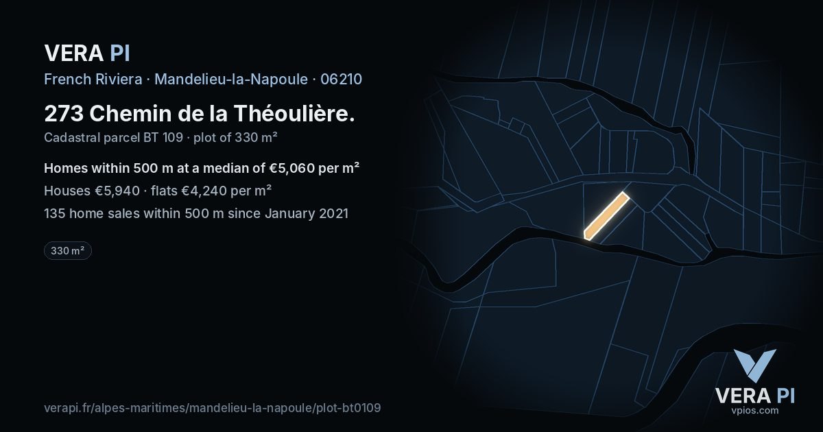 273 Chemin de la Théoulière, Mandelieu-la-Napoule at night – the plot lit, the parcels around coloured by the prices near them