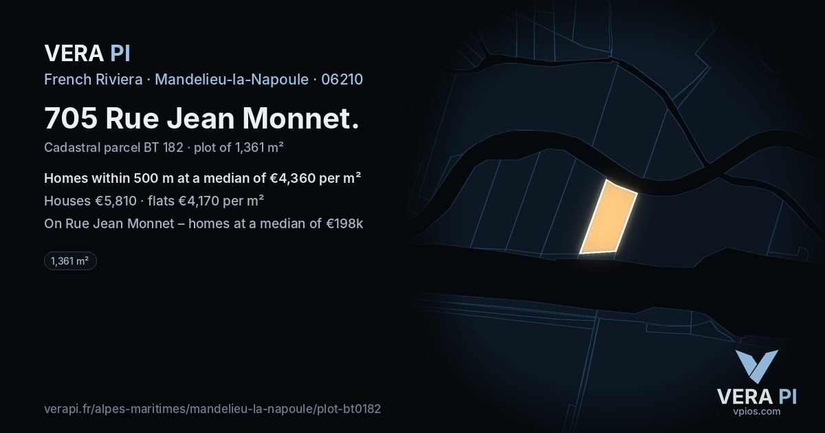 705 Rue Jean Monnet, Mandelieu-la-Napoule at night – the plot lit, the parcels around coloured by the prices near them