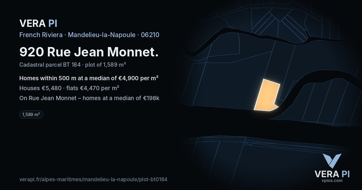 920 Rue Jean Monnet, Mandelieu-la-Napoule at night – the plot lit, the parcels around coloured by the prices near them