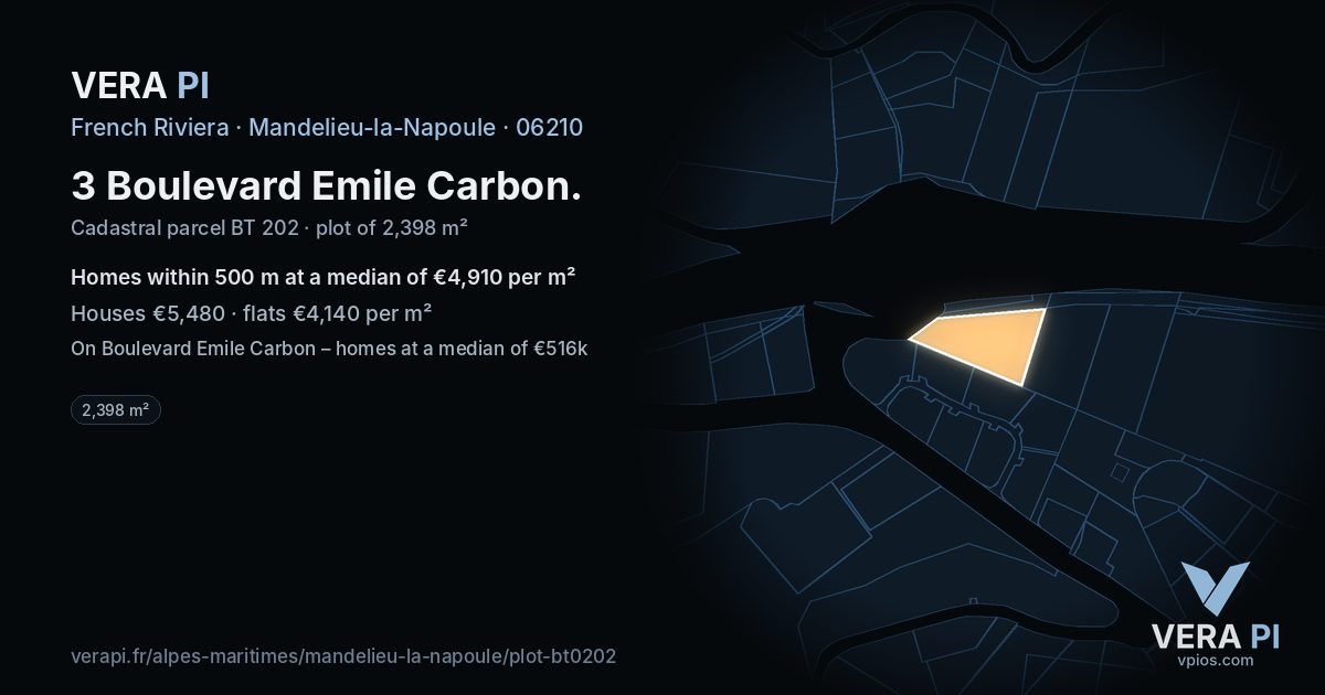 3 Boulevard Emile Carbon, Mandelieu-la-Napoule at night – the plot lit, the parcels around coloured by the prices near them