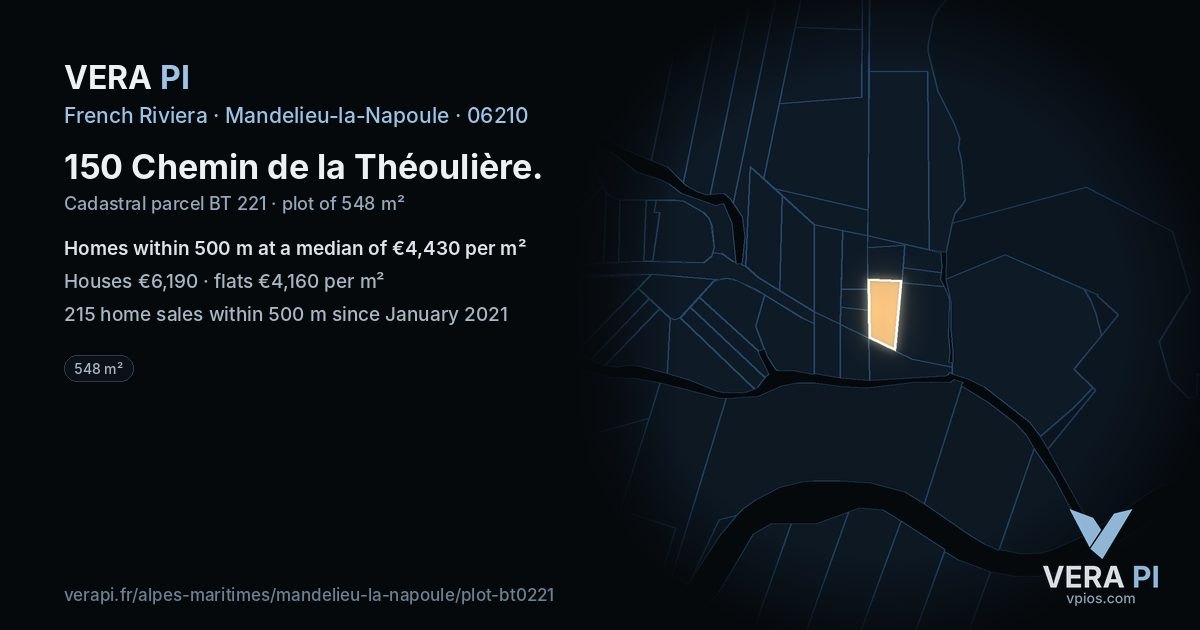 150 Chemin de la Théoulière, Mandelieu-la-Napoule at night – the plot lit, the parcels around coloured by the prices near them