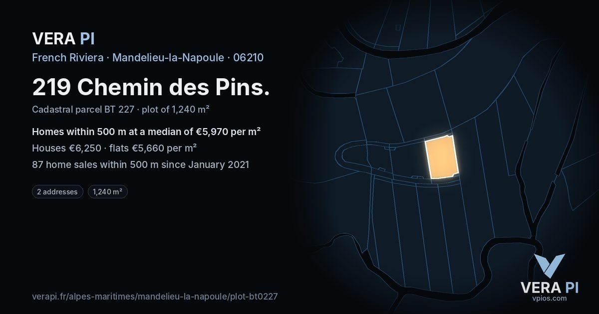 219 Chemin des Pins, Mandelieu-la-Napoule at night – the plot lit, the parcels around coloured by the prices near them
