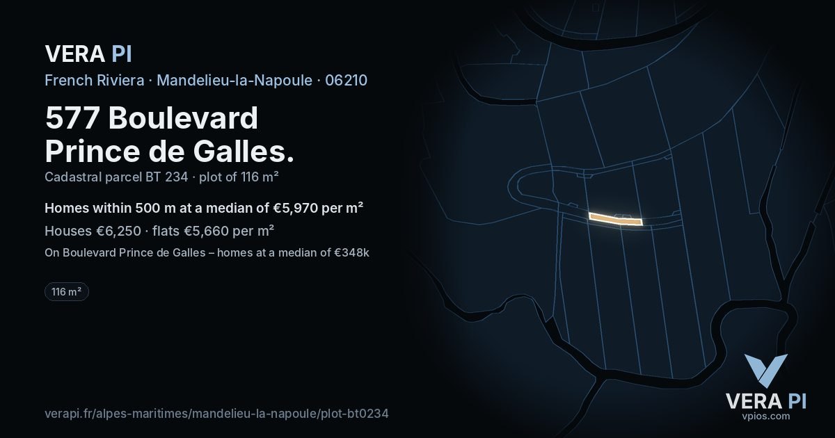 577 Boulevard Prince de Galles, Mandelieu-la-Napoule at night – the plot lit, the parcels around coloured by the prices near them