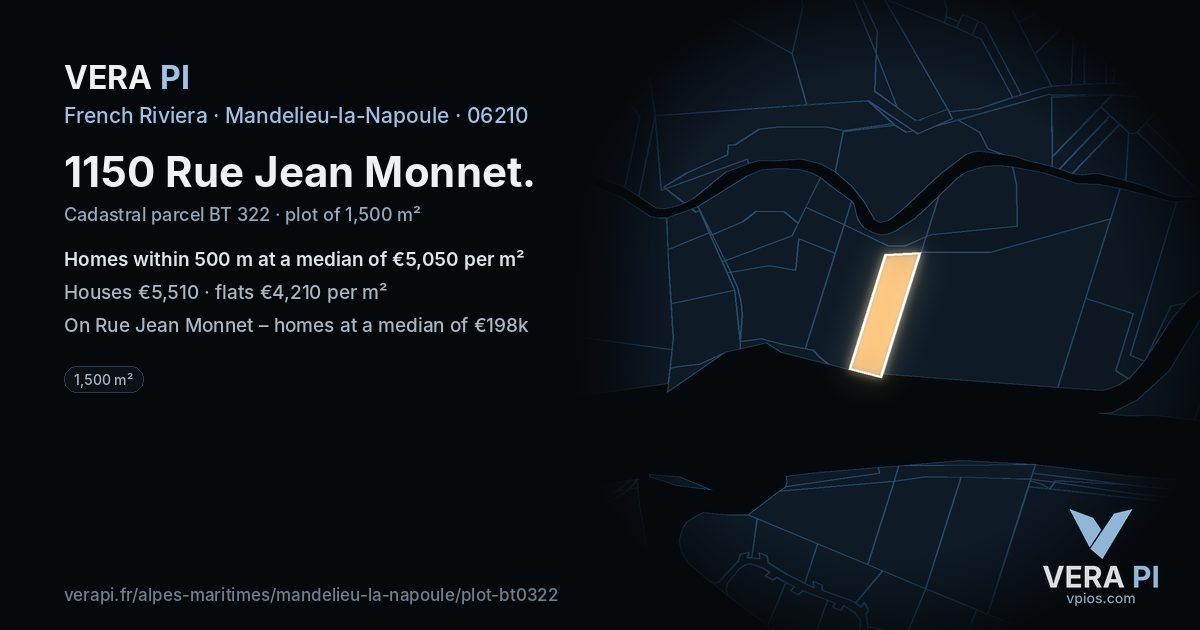 1150 Rue Jean Monnet, Mandelieu-la-Napoule at night – the plot lit, the parcels around coloured by the prices near them