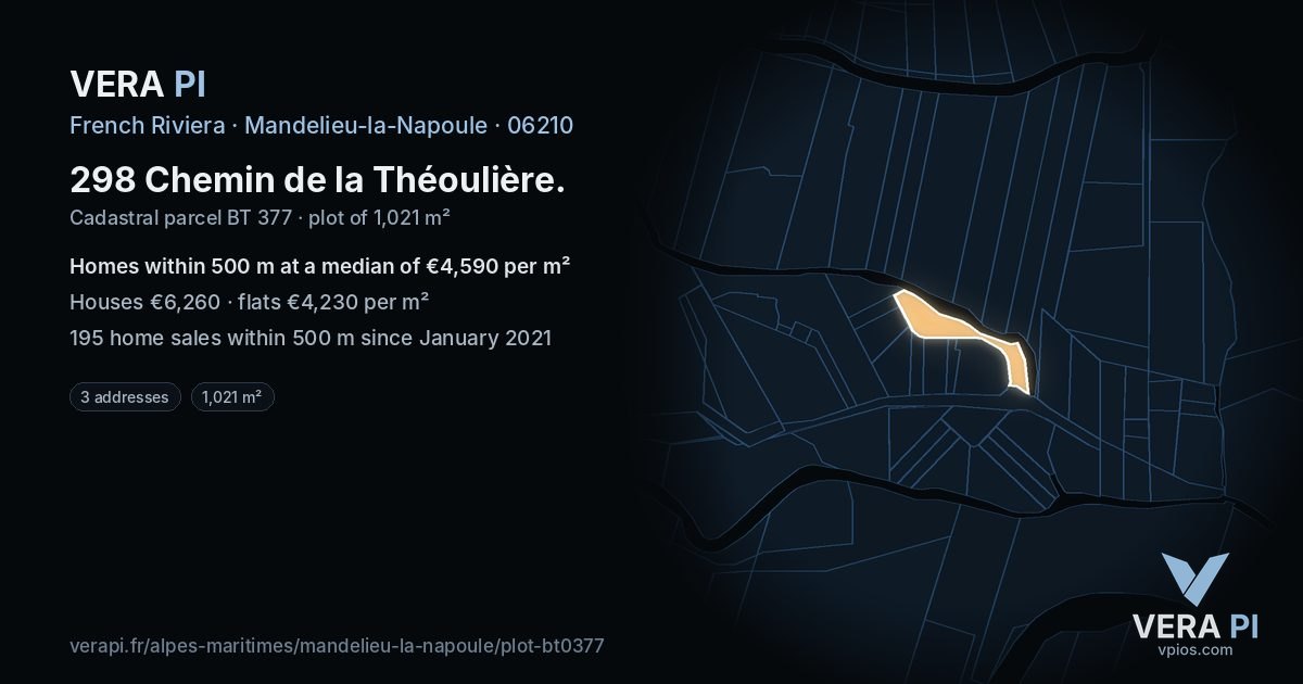 298 Chemin de la Théoulière, Mandelieu-la-Napoule at night – the plot lit, the parcels around coloured by the prices near them