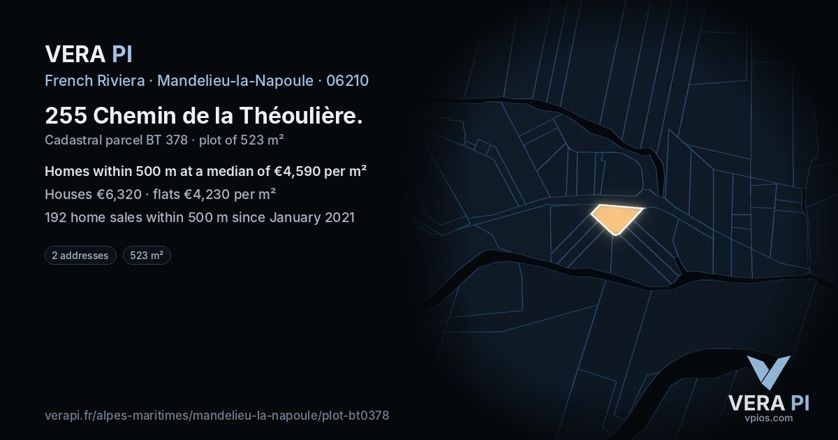 255 Chemin de la Théoulière, Mandelieu-la-Napoule at night – the plot lit, the parcels around coloured by the prices near them