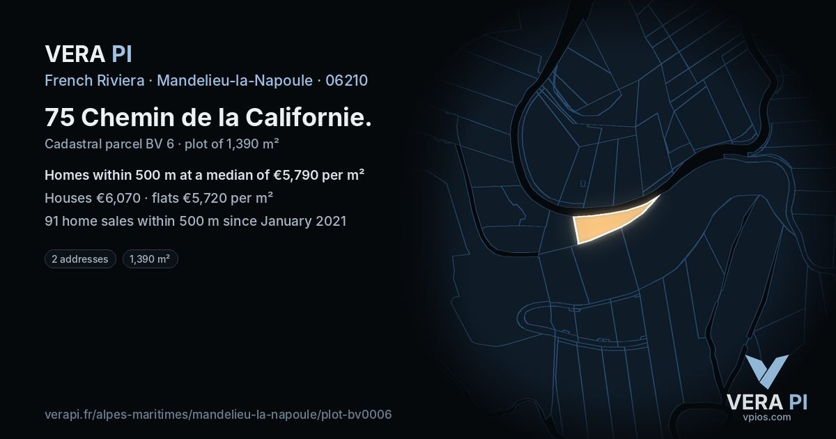 75 Chemin de la Californie, Mandelieu-la-Napoule at night – the plot lit, the parcels around coloured by the prices near them