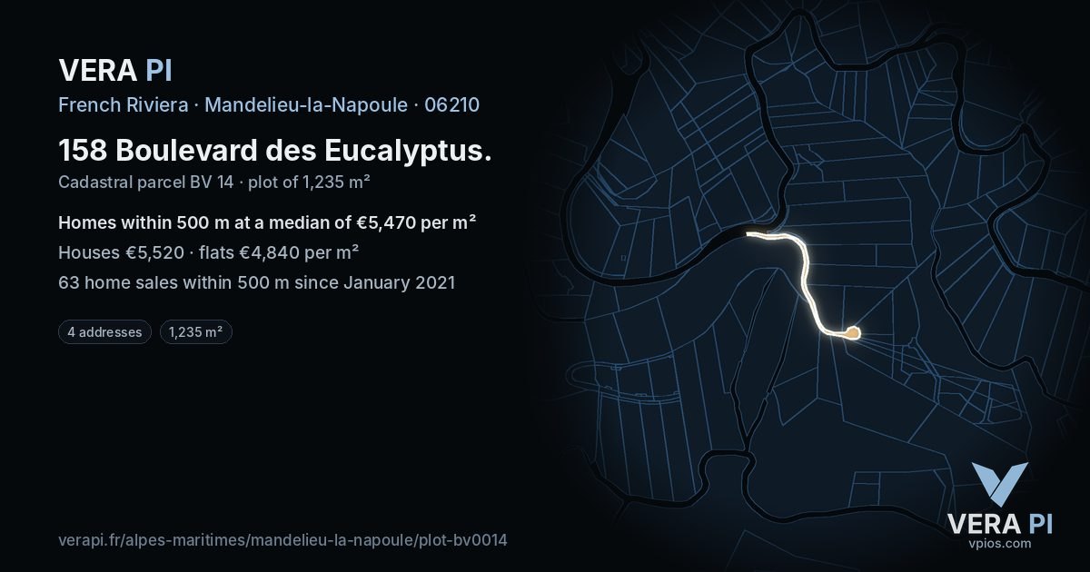158 Boulevard des Eucalyptus, Mandelieu-la-Napoule at night – the plot lit, the parcels around coloured by the prices near them