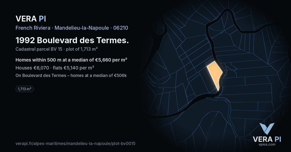 1992 Boulevard des Termes, Mandelieu-la-Napoule at night – the plot lit, the parcels around coloured by the prices near them
